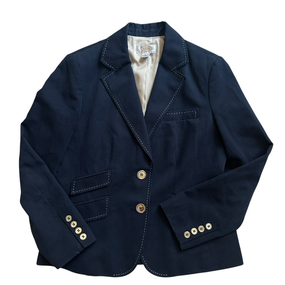 VTG Talbots Blazer 8 Petite Blue Cotton Linen Pick-Stitch Preppy Nautical Jacket